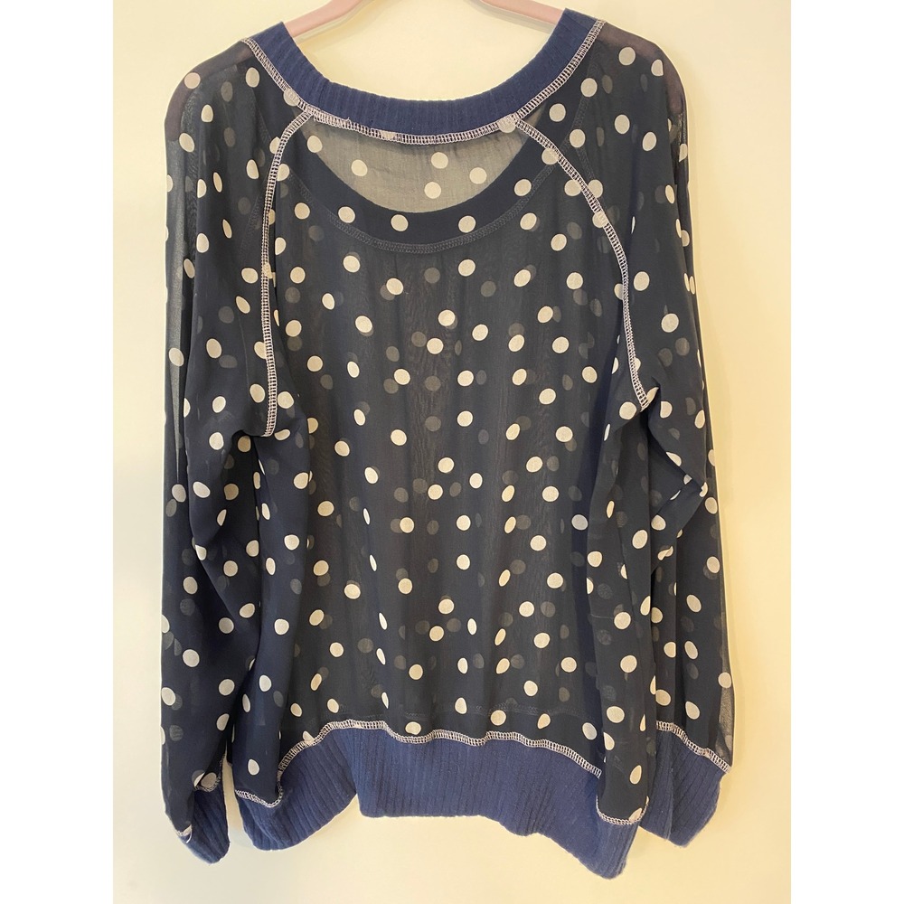 Olivia Moon Black and Navy Blue White Polka Dot Sheer Blouse XL - Picture 2 of 7